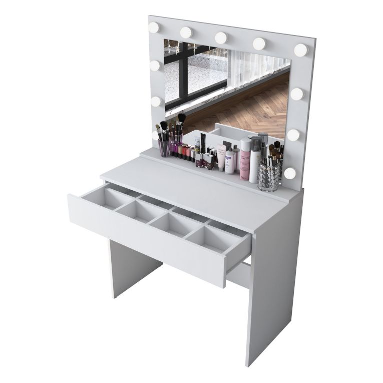 Toeletta Bianco Specchio Incluso un Cassetto 90x45x77h cm, Luci Incluse - Veggiano