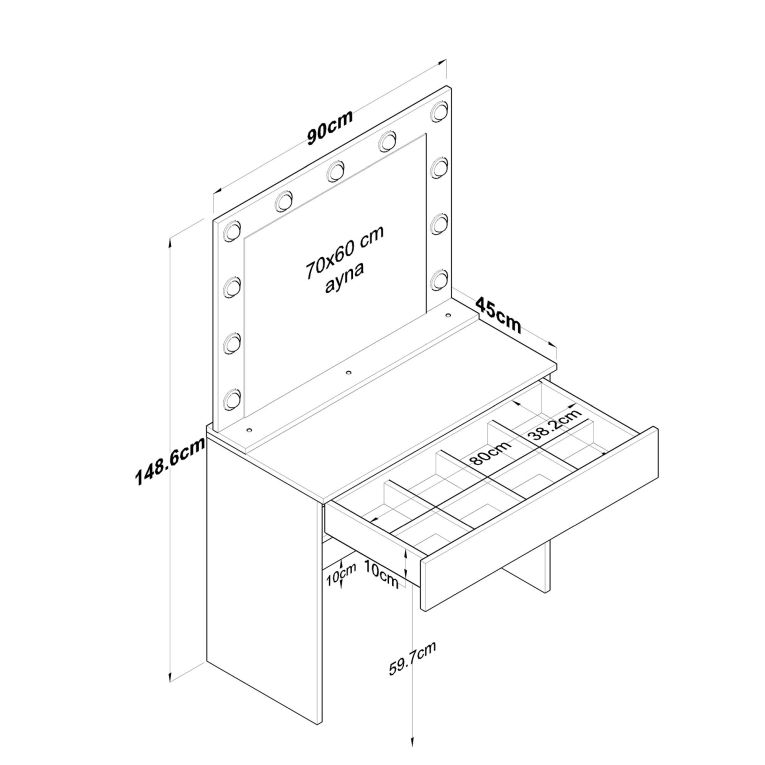 Toeletta Bianco Specchio Incluso un Cassetto 90x45x77h cm, Luci Incluse - Veggiano