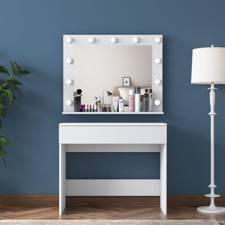 Toeletta Bianco Specchio Incluso un Cassetto 90x45x77h cm, Luci Incluse - Veggiano