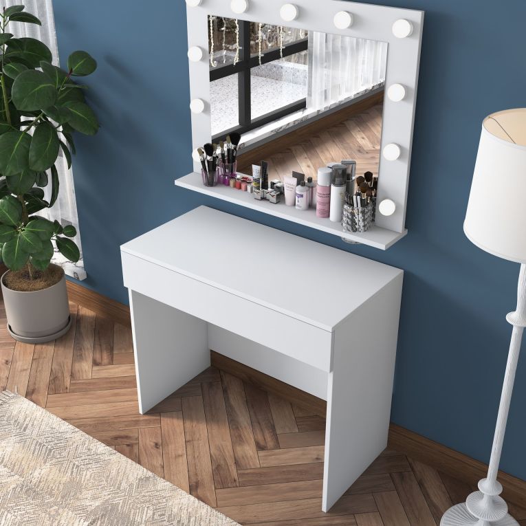Toeletta Bianco Specchio Incluso un Cassetto 90x45x77h cm, Luci Incluse - Veggiano
