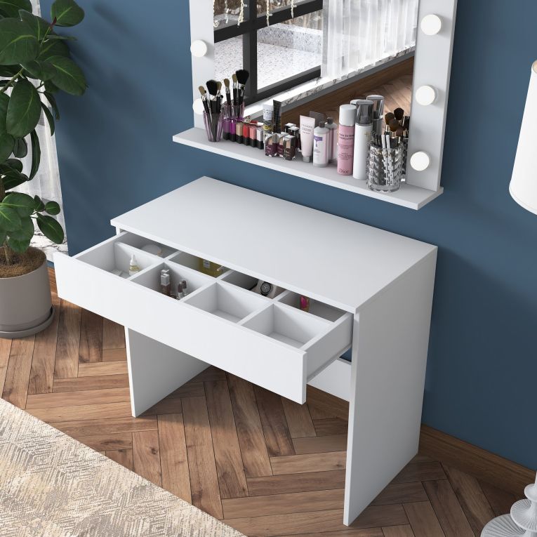 Toeletta Bianco Specchio Incluso un Cassetto 90x45x77h cm, Luci Incluse - Veggiano