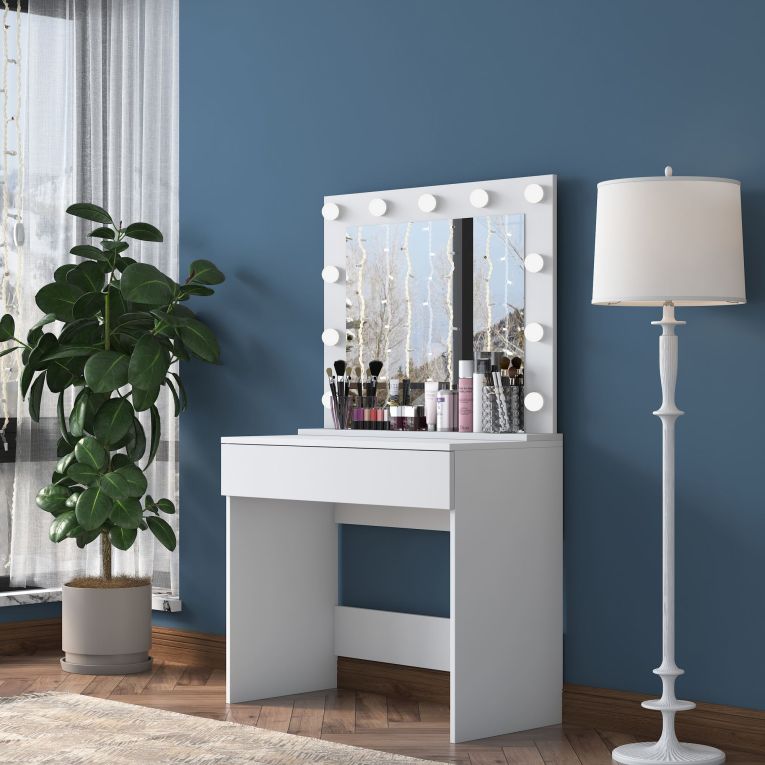 Toeletta Bianco Specchio Incluso un Cassetto 90x45x77h cm, Luci Incluse - Veggiano