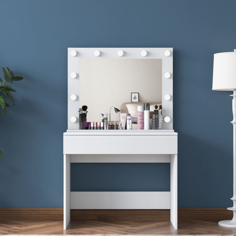 Toeletta Bianco Specchio Incluso un Cassetto 90x45x77h cm, Luci Incluse - Veggiano