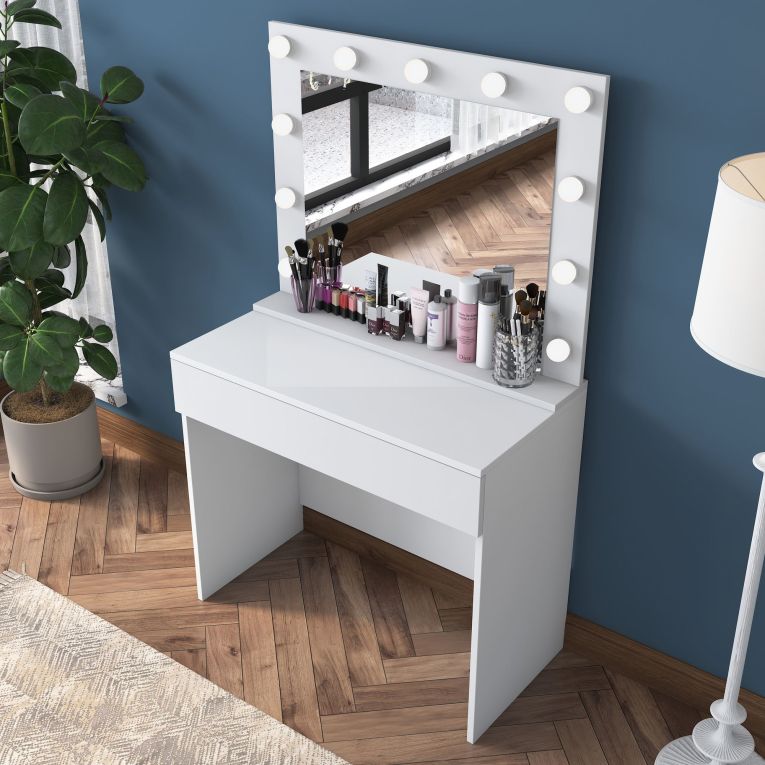 Toeletta Bianco Specchio Incluso un Cassetto 90x45x77h cm, Luci Incluse - Veggiano