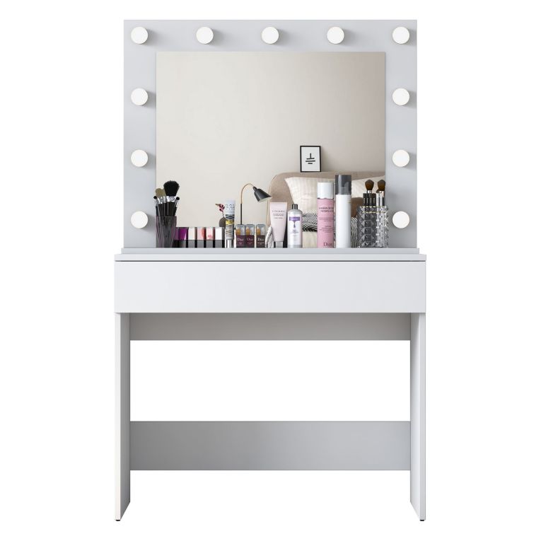 Toeletta Bianco Specchio Incluso un Cassetto 90x45x77h cm, Luci Incluse - Veggiano
