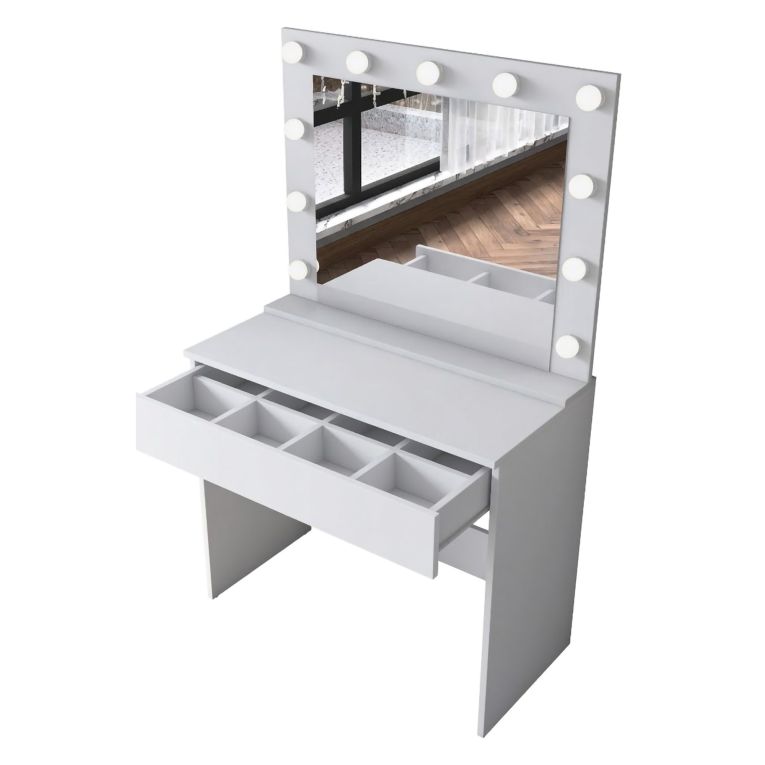Toeletta Bianco Specchio Incluso un Cassetto 90x45x77h cm, Luci Incluse - Veggiano