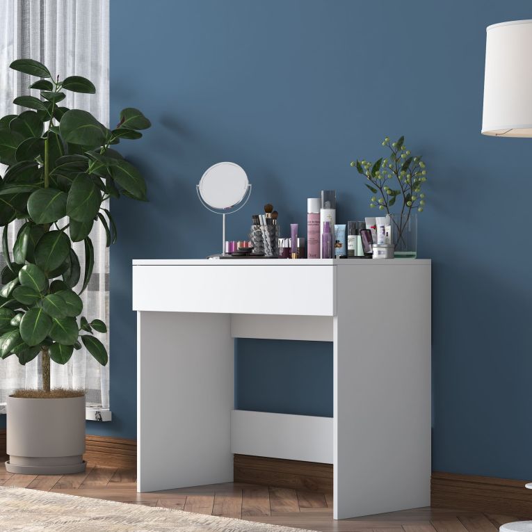 Toeletta Bianco Specchio Incluso un Cassetto 90x45x77h cm, Materiale Piano in Legno Nobilitato - Fele
