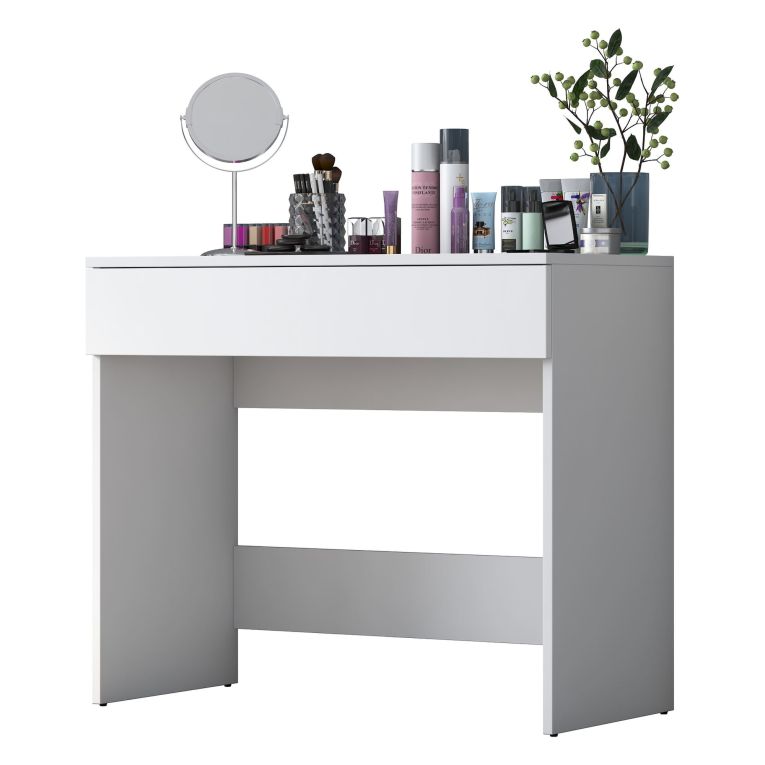 Toeletta Bianco Specchio Incluso un Cassetto 90x45x77h cm, Materiale Piano in Legno Nobilitato - Fele