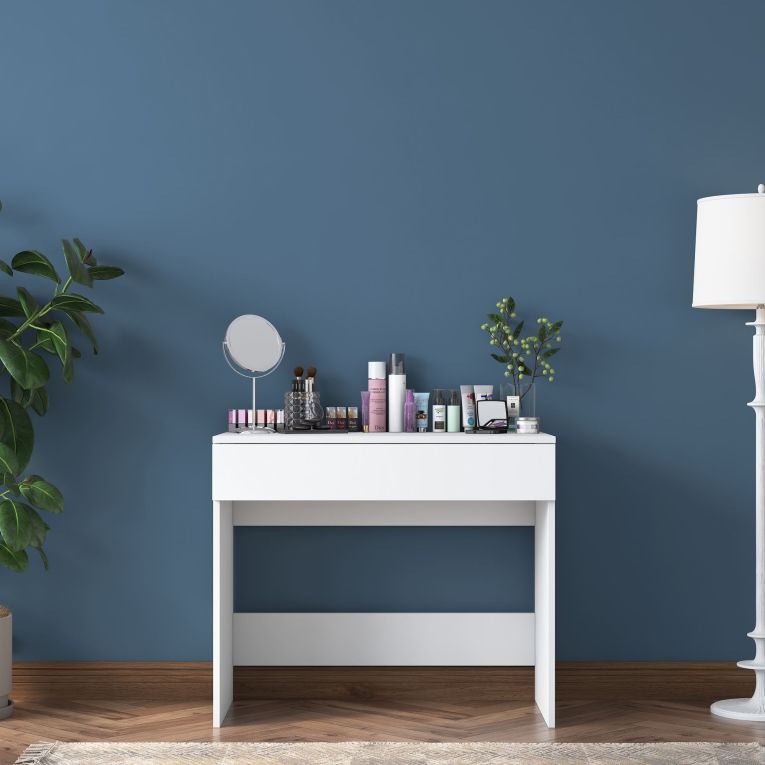 Toeletta Bianco Specchio Incluso un Cassetto 90x45x77h cm, Materiale Piano in Legno Nobilitato - Fele