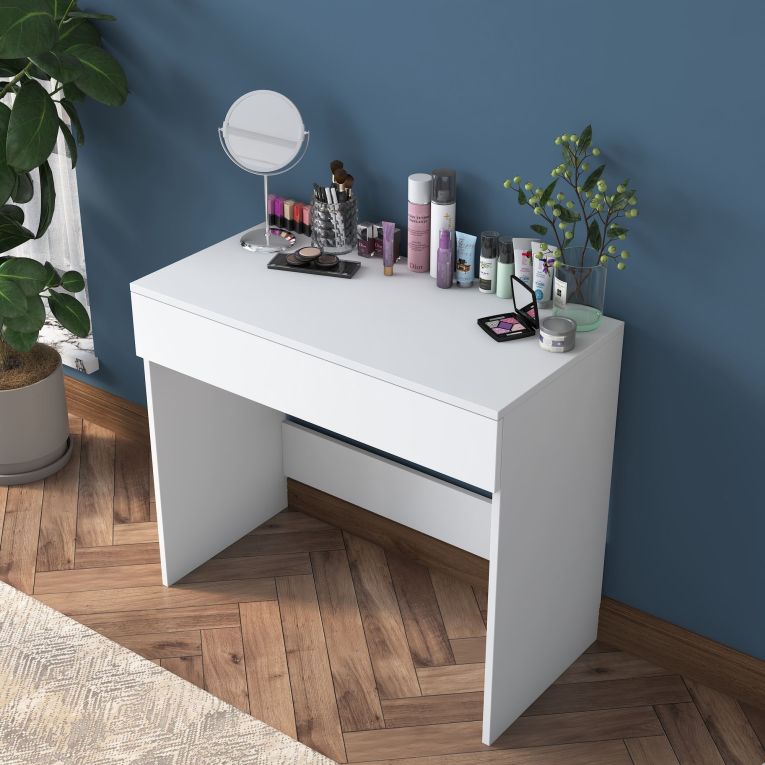 Toeletta Bianco Specchio Incluso un Cassetto 90x45x77h cm, Materiale Piano in Legno Nobilitato - Fele