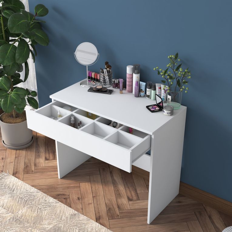 Toeletta Bianco Specchio Incluso un Cassetto 90x45x77h cm, Materiale Piano in Legno Nobilitato - Fele