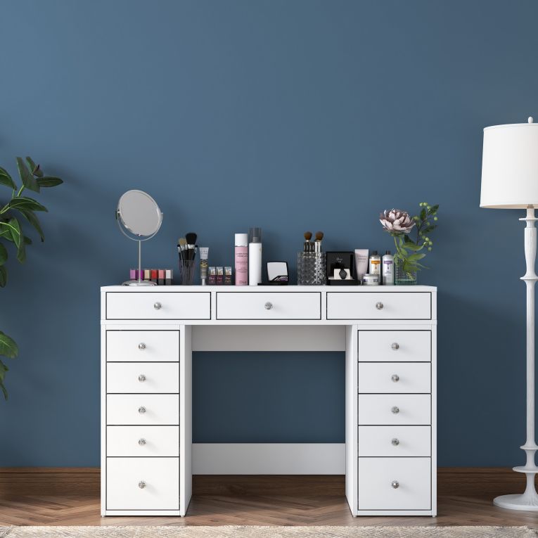 Toeletta Bianco Trasparente Specchio Incluso 13 Cassetti 120x45x82h cm, Colore Struttura Trasparente - Tirolo