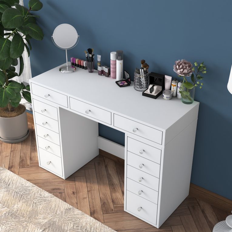 Toeletta Bianco Trasparente Specchio Incluso 13 Cassetti 120x45x82h cm, Colore Struttura Trasparente - Tirolo