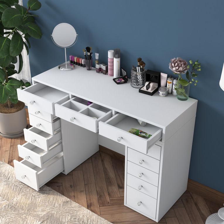 Toeletta Bianco Trasparente Specchio Incluso 13 Cassetti 120x45x82h cm, Colore Struttura Trasparente - Tirolo