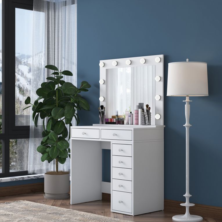 Toeletta Bianco Trasparente Specchio Incluso 7 Cassetti 90x45x153h cm, Luci Incluse - Cocchiara