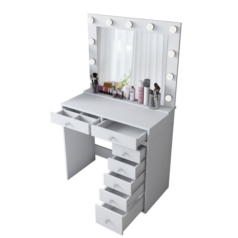 Toeletta Bianco Trasparente Specchio Incluso 7 Cassetti 90x45x153h cm, Luci Incluse - Cocchiara
