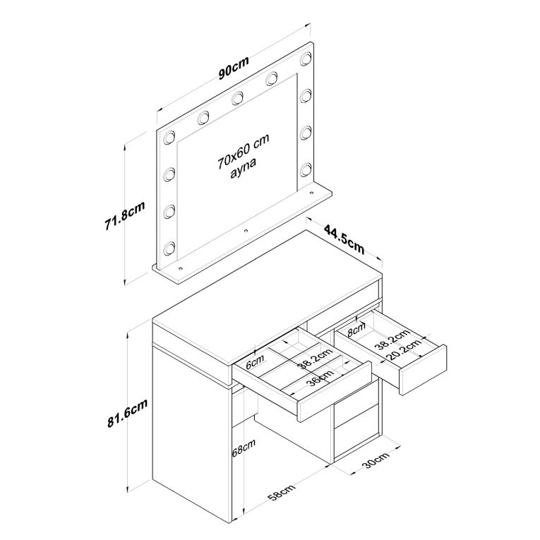 Toeletta Bianco Trasparente Specchio Incluso 7 Cassetti 90x45x153h cm, Luci Incluse - Cocchiara