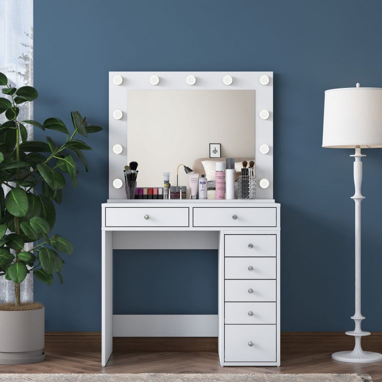 Toeletta Bianco Trasparente Specchio Incluso 7 Cassetti 90x45x153h cm, Luci Incluse - Cocchiara