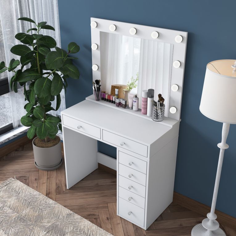 Toeletta Bianco Trasparente Specchio Incluso 7 Cassetti 90x45x153h cm, Luci Incluse - Cocchiara
