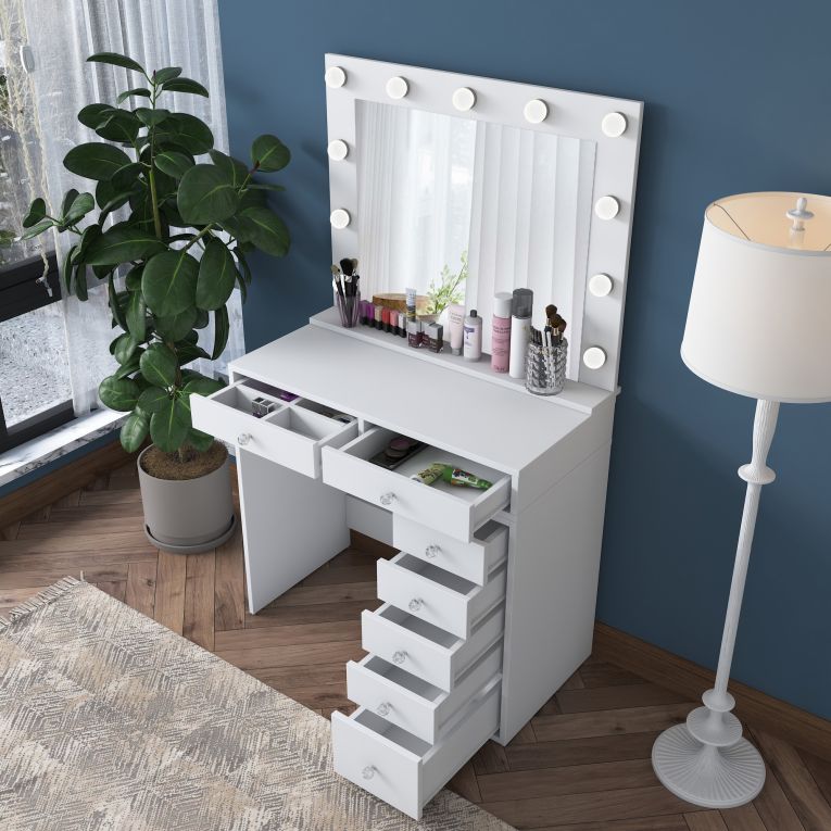 Toeletta Bianco Trasparente Specchio Incluso 7 Cassetti 90x45x153h cm, Luci Incluse - Cocchiara