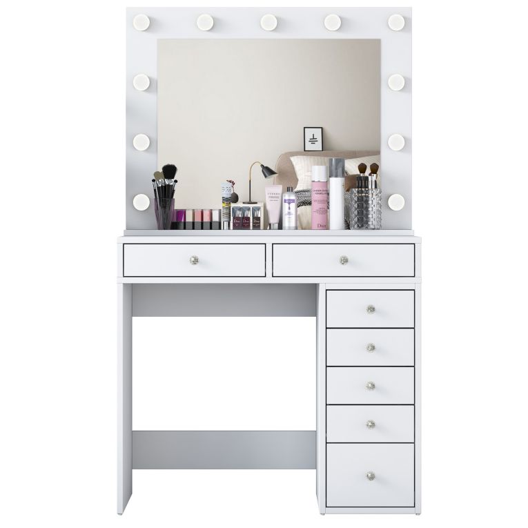 Toeletta Bianco Trasparente Specchio Incluso 7 Cassetti 90x45x153h cm, Luci Incluse - Cocchiara
