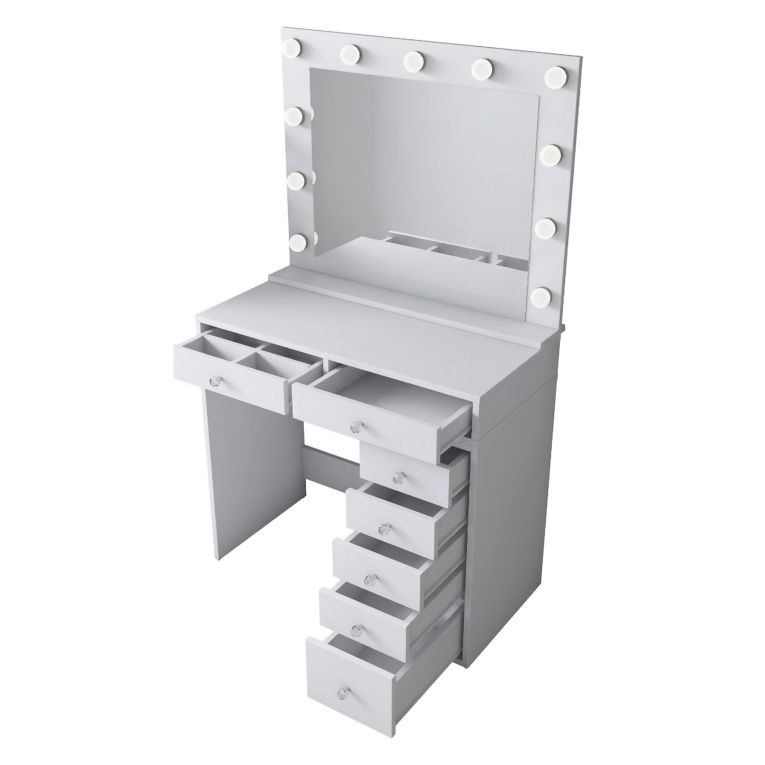 Toeletta Bianco Trasparente Specchio Incluso 7 Cassetti 90x45x153h cm, Luci Incluse - Cocchiara