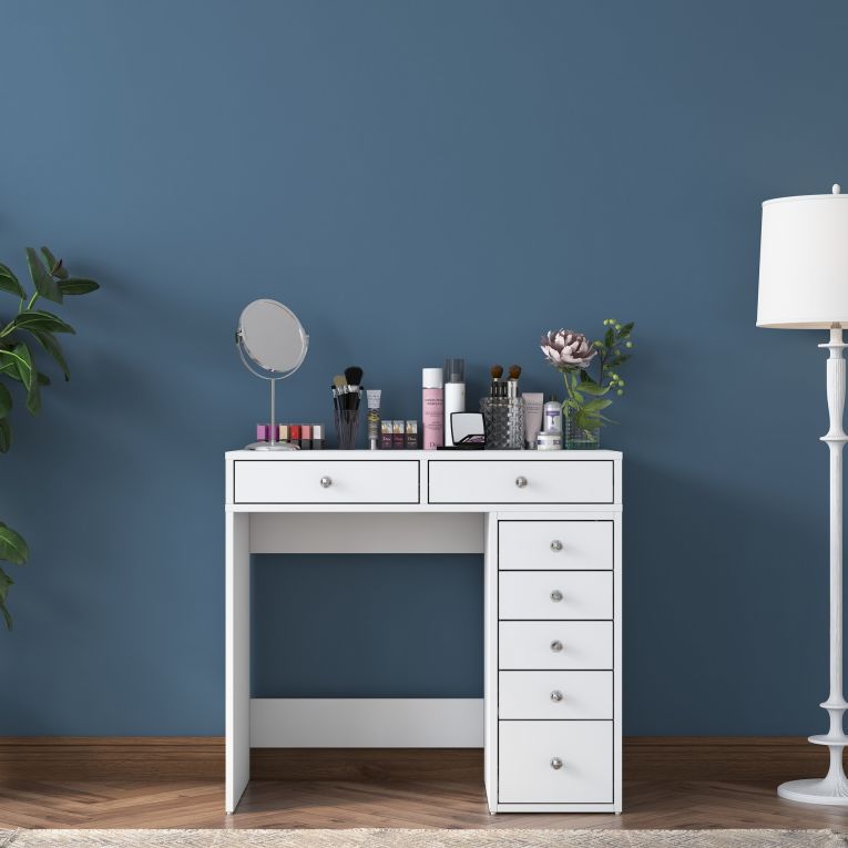 Toeletta Bianco Trasparente Specchio Incluso 7 Cassetti 90x45x82h cm, Colore Struttura Trasparente - Rivello