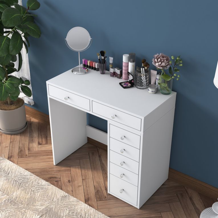 Toeletta Bianco Trasparente Specchio Incluso 7 Cassetti 90x45x82h cm, Colore Struttura Trasparente - Rivello