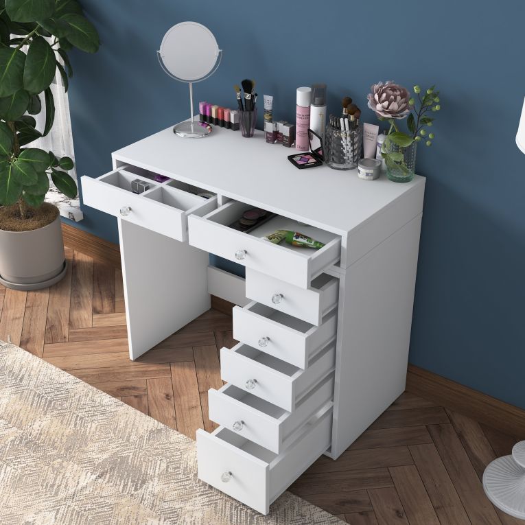 Toeletta Bianco Trasparente Specchio Incluso 7 Cassetti 90x45x82h cm, Colore Struttura Trasparente - Rivello