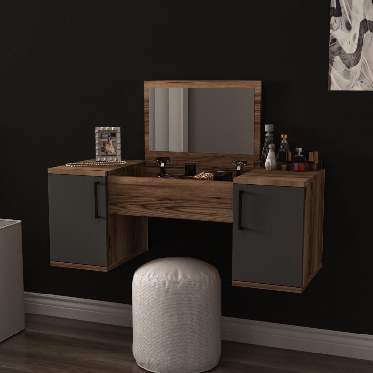 Toeletta Marrone Noce Nero Antracite Specchio Incluso 3 Ante 100x36x74h cm, Colore Ripiano Marrone - Ruviano
