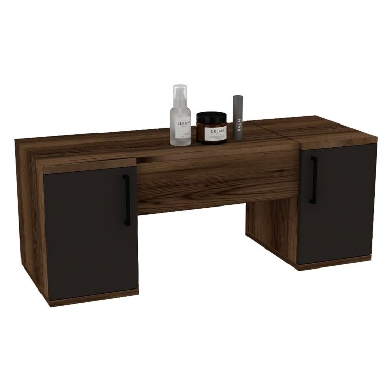 Toeletta Marrone Noce Nero Antracite Specchio Incluso 3 Ante 100x36x74h cm, Colore Ripiano Marrone - Ruviano