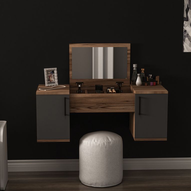 Toeletta Marrone Noce Nero Antracite Specchio Incluso 3 Ante 100x36x74h cm, Colore Ripiano Marrone - Ruviano