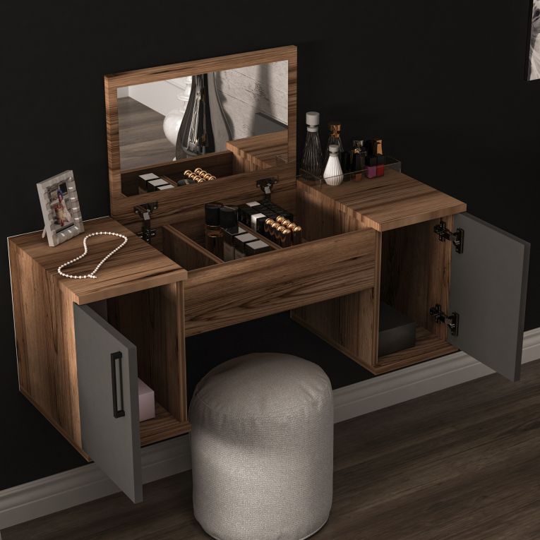 Toeletta Marrone Noce Nero Antracite Specchio Incluso 3 Ante 100x36x74h cm, Colore Ripiano Marrone - Ruviano
