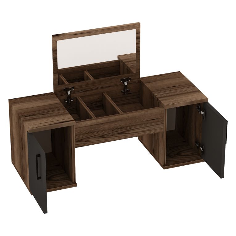 Toeletta Marrone Noce Nero Antracite Specchio Incluso 3 Ante 100x36x74h cm, Colore Ripiano Marrone - Ruviano