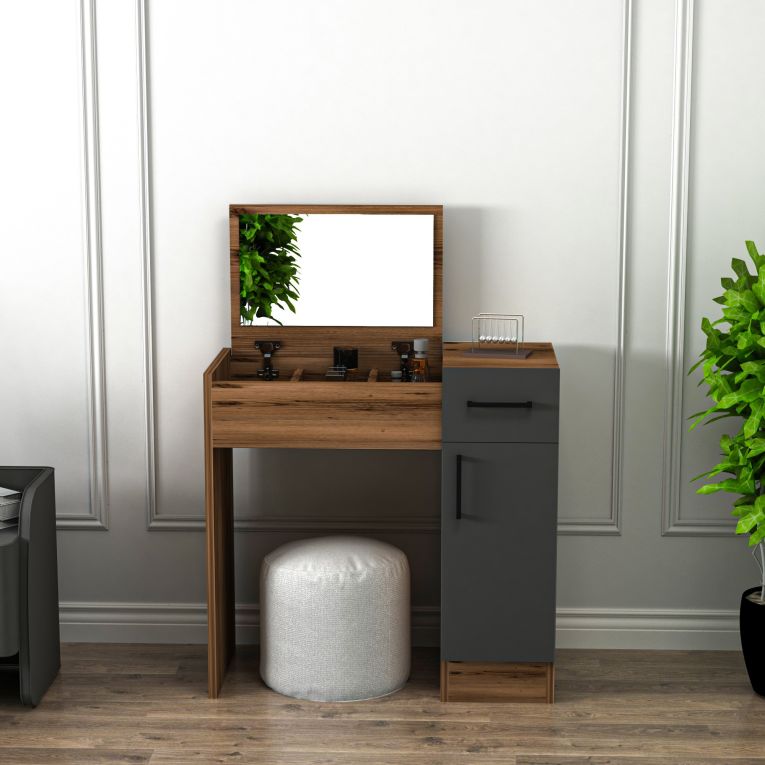 Toeletta Marrone Noce Nero Antracite Specchio Incluso un Cassetto 77x37x109h cm, 2 Ante - Rodano