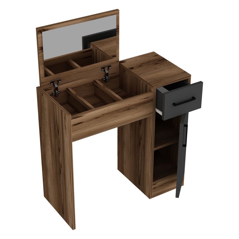Toeletta Marrone Noce Nero Antracite Specchio Incluso un Cassetto 77x37x109h cm, 2 Ante - Rodano