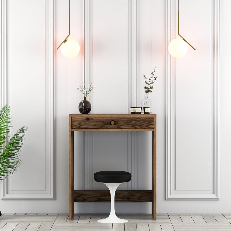 Toeletta Marrone Noce Specchio Incluso un Cassetto 70x85x40h cm, Materiale Piano in Legno Nobilitato - Carde