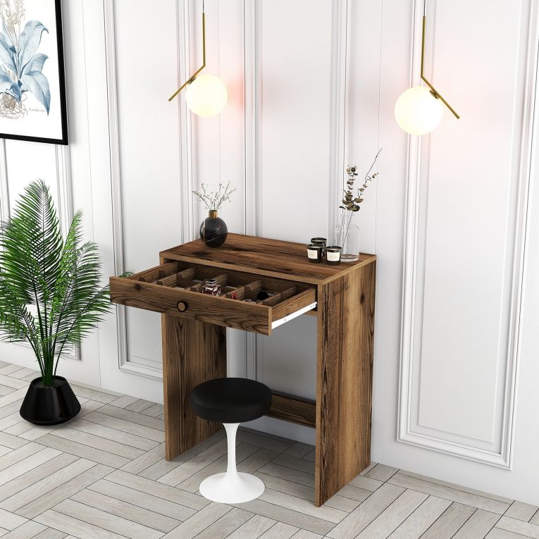 Toeletta Marrone Noce Specchio Incluso un Cassetto 70x85x40h cm, Materiale Piano in Legno Nobilitato - Carde