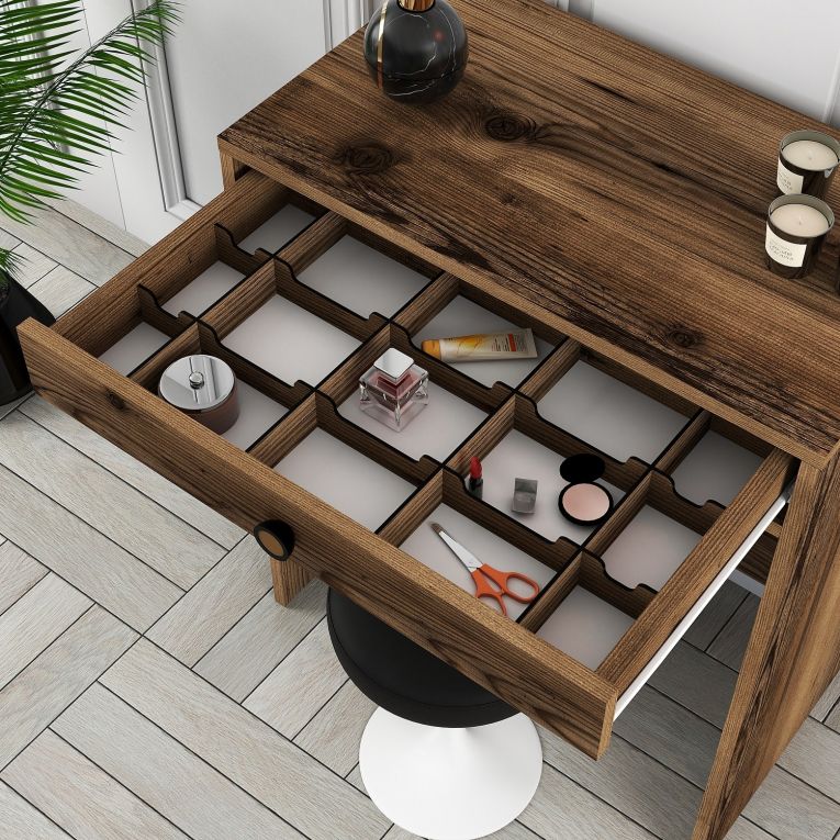 Toeletta Marrone Noce Specchio Incluso un Cassetto 70x85x40h cm, Materiale Piano in Legno Nobilitato - Carde
