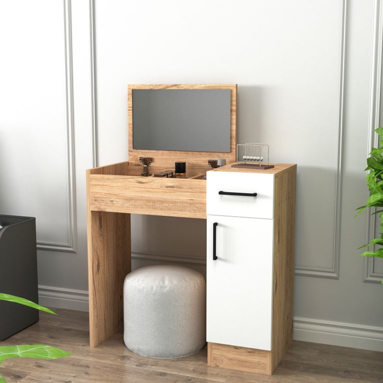 Toeletta Marrone Rovere Bianco Specchio Incluso un Cassetto 77x37x109h cm, 2 Ante - Rodano