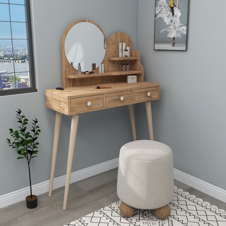 Toeletta Marrone Rovere Marrone Beige Specchio Incluso 3 Cassetti 74x35x131h cm, Colore Ripiano Marrone - Larino