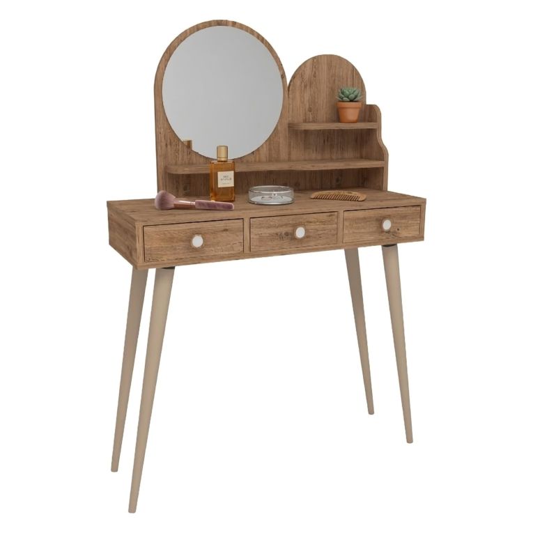 Toeletta Marrone Rovere Marrone Beige Specchio Incluso 3 Cassetti 74x35x131h cm, Colore Ripiano Marrone - Larino