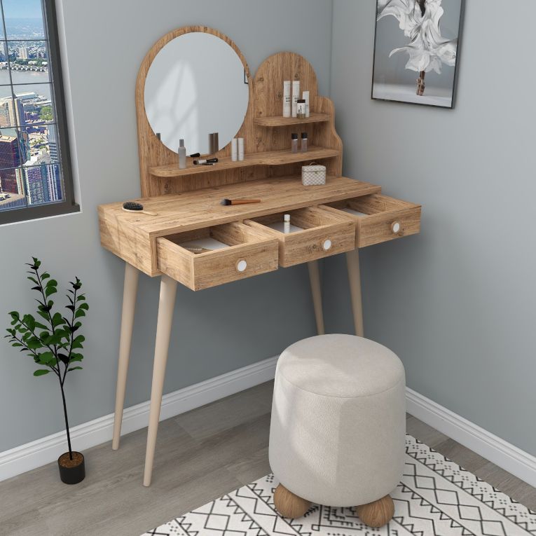 Toeletta Marrone Rovere Marrone Beige Specchio Incluso 3 Cassetti 74x35x131h cm, Colore Ripiano Marrone - Larino