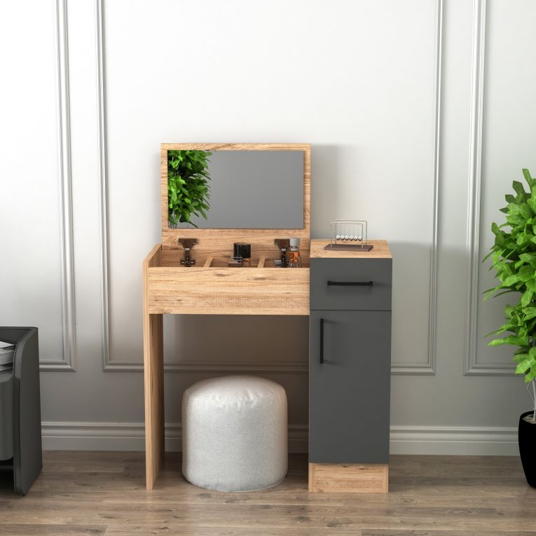 Toeletta Marrone Rovere Nero Antracite Specchio Incluso un Cassetto 77x37x109h cm, 2 Ante - Rodano