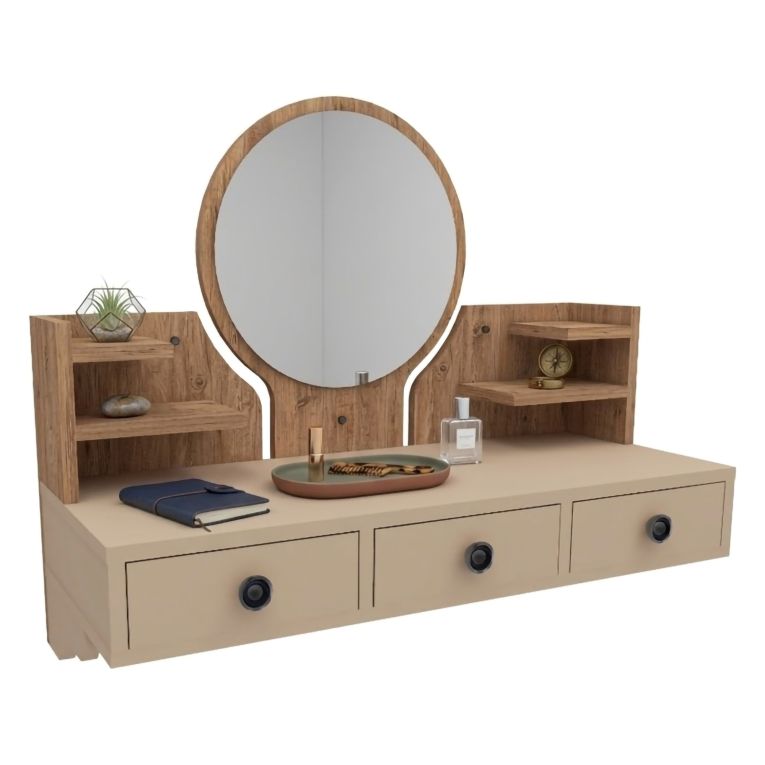 Toeletta Marrone Rovere Nodi Beige Specchio Incluso 3 Cassetti 90x37x75h cm, Colore Struttura Beige - Canistro