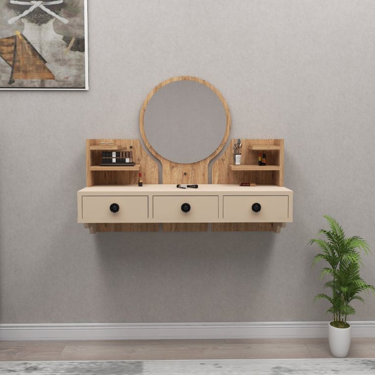 Toeletta Marrone Rovere Nodi Beige Specchio Incluso 3 Cassetti 90x37x75h cm, Colore Struttura Beige - Canistro