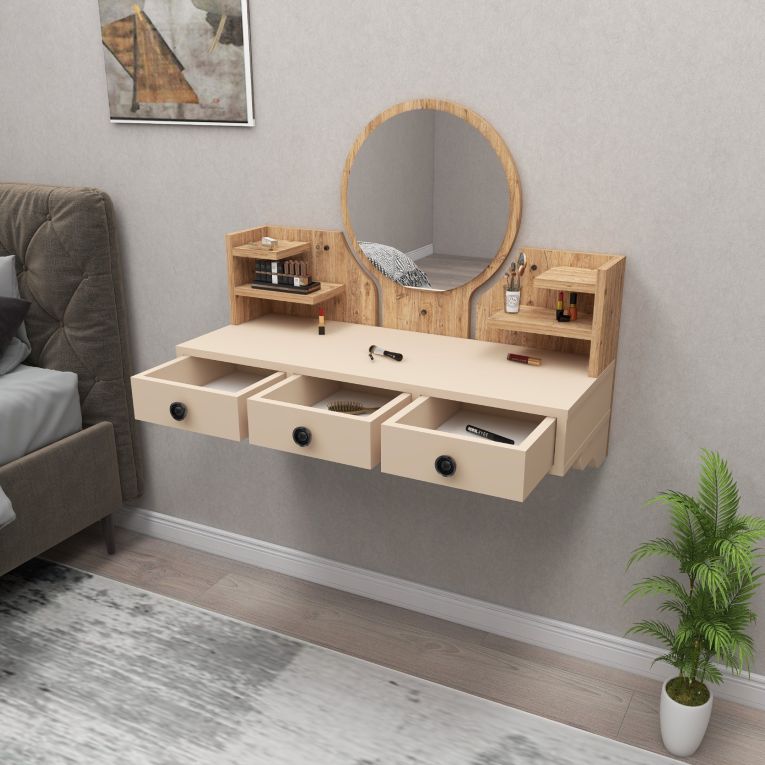 Toeletta Marrone Rovere Nodi Beige Specchio Incluso 3 Cassetti 90x37x75h cm, Colore Struttura Beige - Canistro