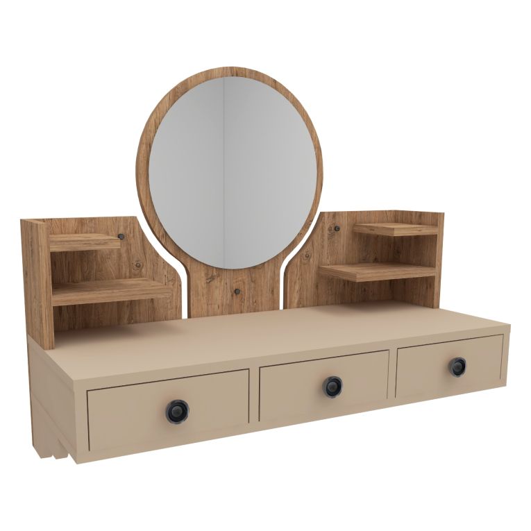 Toeletta Marrone Rovere Nodi Beige Specchio Incluso 3 Cassetti 90x37x75h cm, Colore Struttura Beige - Canistro
