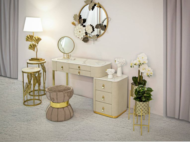 Toeletta moderna porta trucchi 120x40x75h cm crema e oro - Apoteosi
