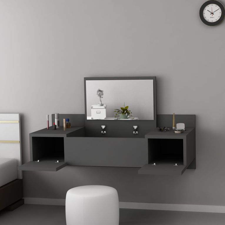 Toeletta Nero Specchio Incluso 3 Ante 100x39x33h cm, Materiale Piano in Legno Nobilitato - Selci